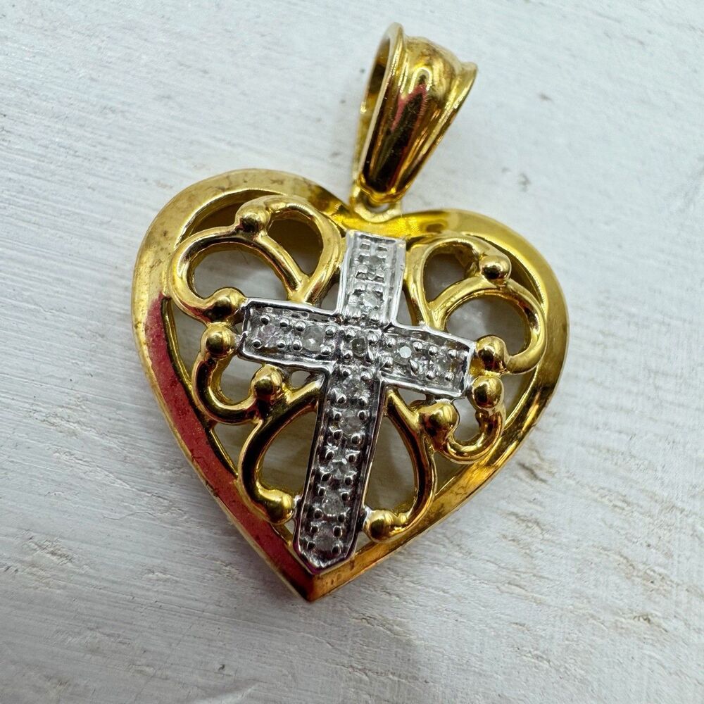 Danbury Mint 18K Gold Plated Lord's Prayer Diamond Cross Heart Pendant Sterling